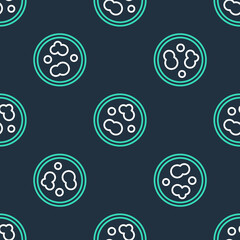 Line Petri dish with bacteria icon isolated seamless pattern on black background. Vector