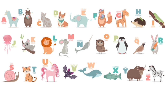 English alphabet with cute cartoon animals for kids education. Letter with a funny animal.