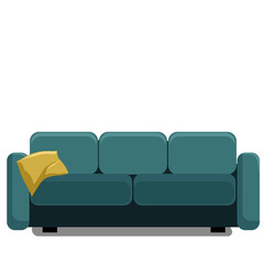 An emerald-colored sofa with a yellow cushion. Pieces of furniture for the interior of a living room. Vector cartoon illustration