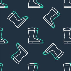 Line Fishing boots icon isolated seamless pattern on black background. Waterproof rubber boot. Gumboots for rainy weather, fishing, hunter, gardening. Vector