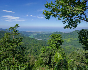 Fototapeta na wymiar Scenic tropical landscape of mountains and forest with sea on the horizon, near Polewali, West Sulawesi, Indonesia