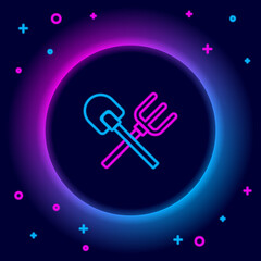 Glowing neon line Shovel and rake icon isolated on black background. Tool for horticulture, agriculture, gardening, farming. Ground cultivator. Colorful outline concept. Vector