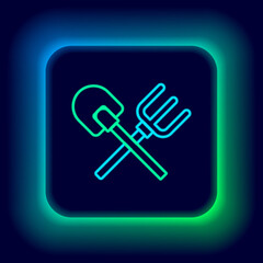Glowing neon line Shovel and rake icon isolated on black background. Tool for horticulture, agriculture, gardening, farming. Ground cultivator. Colorful outline concept. Vector