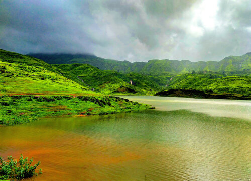 Hiking in wet weather top view of water body rainy days