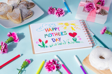 Mothers day card made by a child. Text Happy Mothers day.