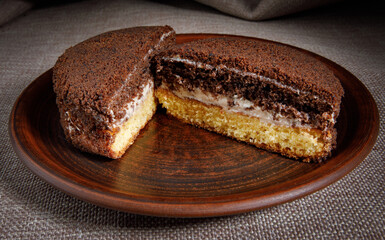 The tiramisu cake is cut in half on a beautiful ceramic plate. Side view.
