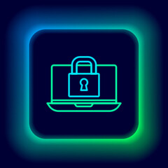 Glowing neon line Laptop and lock icon isolated on black background. Computer and padlock. Security, safety, protection concept. Safe internetwork. Colorful outline concept. Vector