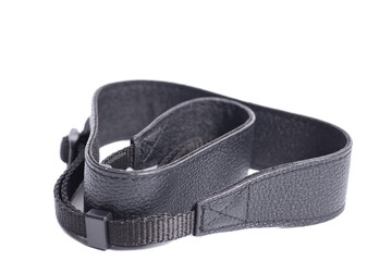 Black leather camera strap isolated on white background