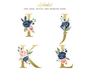 Watercolor floral gold alphabet set of i, j, k, l with navy and peach flowers . for logo, cards, branding, etc