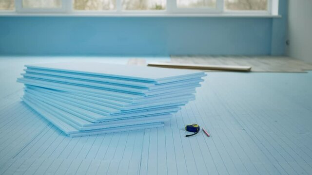 modern blue polystyrene foam is used for floor insulation and laminate flooring during construction