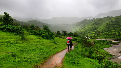 Hiking in wet weather top view of water body rainy days