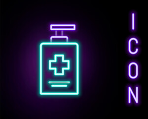 Fototapeta premium Glowing neon line Bottle of liquid antibacterial soap with dispenser icon isolated on black background. Antiseptic. Disinfection, hygiene, skin care. Colorful outline concept. Vector
