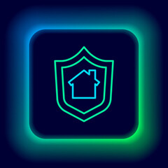 Glowing neon line House with shield icon isolated on black background. Insurance concept. Security, safety, protection, protect concept. Colorful outline concept. Vector