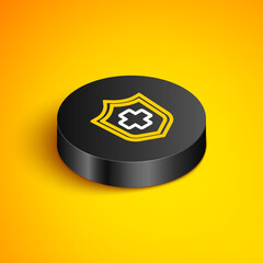 Isometric line Health insurance icon isolated on yellow background. Patient protection. Security, safety, protection, protect concept. Black circle button. Vector