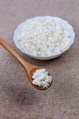 Bowl of farm cottage cheese with wooden spoon
