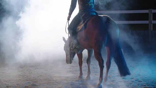 Western horse spin in smoke at night with backlight 4K