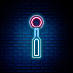 Glowing neon line Dental inspection mirror icon isolated on brick wall background. Tool dental checkup. Colorful outline concept. Vector