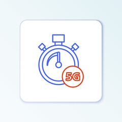 Line Digital speed meter concept with 5G icon isolated on white background. Global network high speed connection data rate technology. Colorful outline concept. Vector