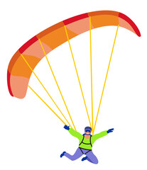 Skydiver flat vector character. Isolated. Leisurely parachutist isolated on white background, parachuting man in sky, parachute lifestyle leisure activity and people adventure