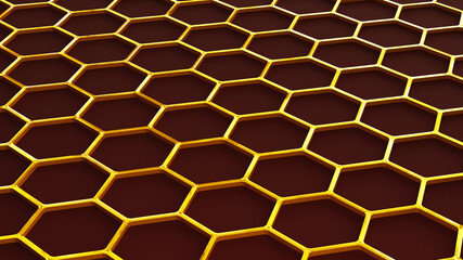Background with 3D hexagons pattern, gold honeycomb structure background, 3D technology interesting texture render illustration.