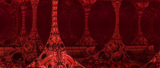 Abstract background, fantastic 3D alien structures, red dark and bloody fictional background.
