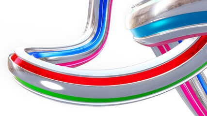 Abstract 3D background, colorful glossy lines isolated on white, technology metal and glass render illustration.