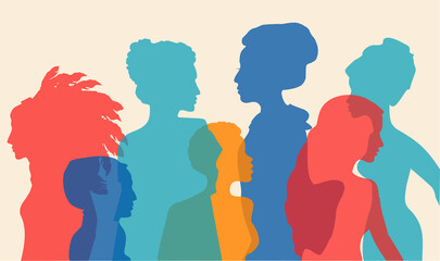 Multi-ethnic women silhouette. Different ethnicity women African, Asian, Chinese, European, Arab. Racial equality and anti-racism. The struggle for rights, independence, equality. Multicultural - obrazy, fototapety, plakaty