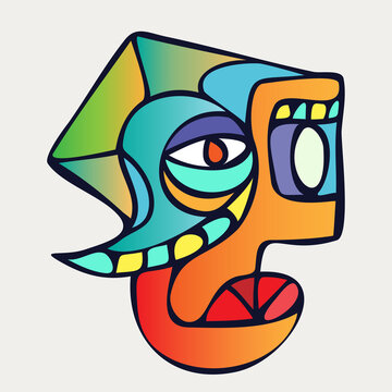 Abstract design of surreal face portrait. Hand-drawn face with a hint of cubism in funky colors. Concept art can be used for fashion, beauty treatment, health, and mental wellbeing.