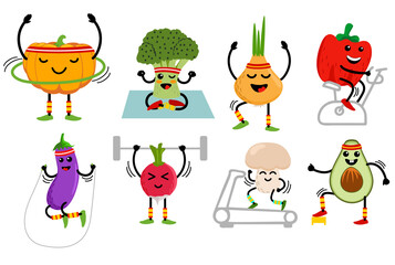 Cute cartoon vegetables go in for sports. Funny vegetables cartoon character. Cute food characters set. Vector isolates in cartoon flat style on a white background.
