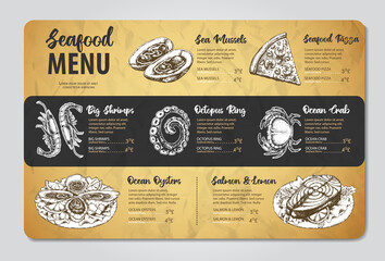 Restaurant seafood menu design. Decorative sketch of seafood. Fast food menu