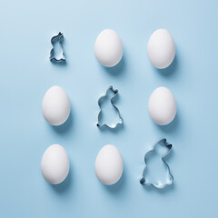 Creative geometrical layout made of white eggs and rabbit shaped mold on pastel blue background. Minimal Easter concept. Flat lay, top view.