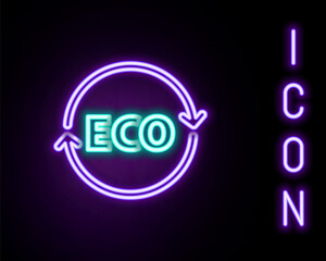 Glowing neon line Banner, label, tag, logo for eco green healthy food icon isolated on black background. Organic product. Healthy food sticker. Colorful outline concept. Vector