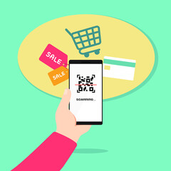 Hand holding mobile phone scanning QR Code for payment, E-commerce concept. Online wallet. Smartphone with shopping icons. Online payment.