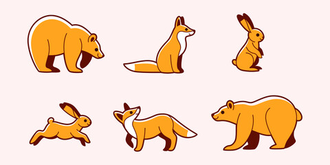 Icon set of forest animals. Cartoon silhouette of hare,  fox, bear. Flat design illustration in cartoon style.