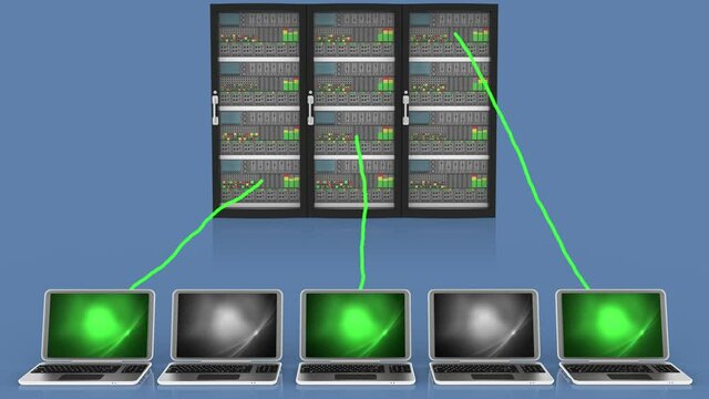 Animazione illustrazione 3D. Server computer dati.. Connessione e archiviazione dati computer, applicazioni..