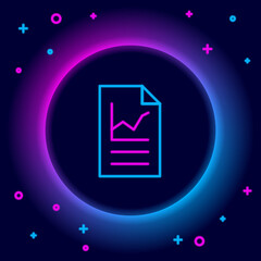 Glowing neon line Document with graph chart icon isolated on black background. Report text file icon. Accounting sign. Audit, analysis, planning. Colorful outline concept. Vector