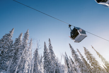 gondola ski lift in mountain ski resort, winter day, snowy spruce forest