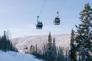 No drill blackout roller blinds Gondolas gondola ski lift in mountain ski resort, winter day, snowy spruce forest