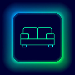 Glowing neon line Sofa icon isolated on black background. Colorful outline concept. Vector