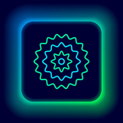 Glowing neon line Bicycle cassette mountain bike icon isolated on black background. Rear Bicycle Sprocket. Chainring crankset with chain. Colorful outline concept. Vector