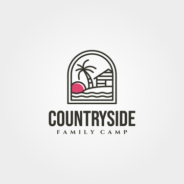 cottage island with sunset icon logo vector minimal illustration design, cabin line art logo