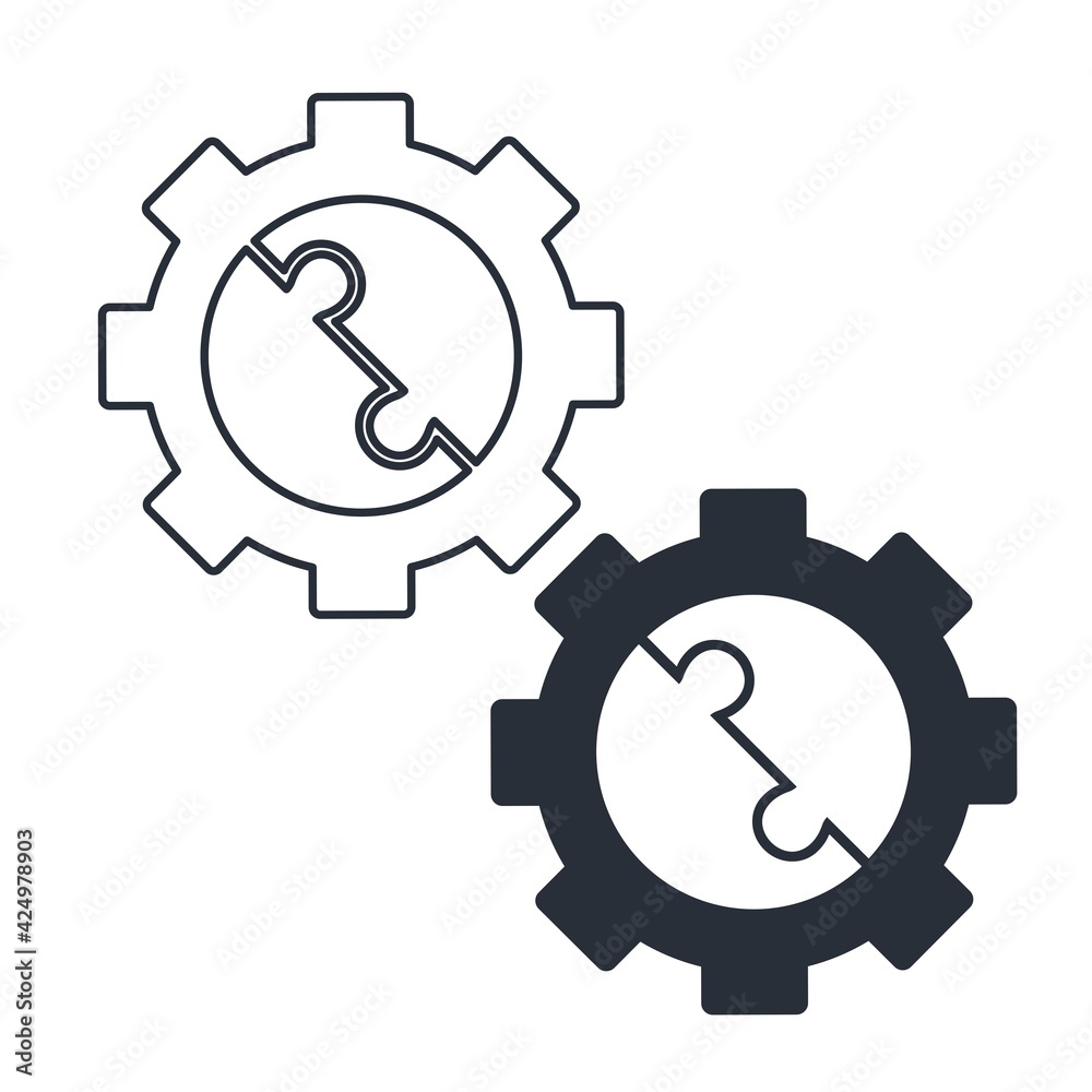 Wall mural puzzles in a gear. compatible processes, technologies. vector linear icon isolated on white backgrou