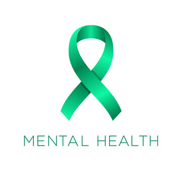 Mental health awareness ribbon. Shiny green satin bow. Mental health awareness month or day. Neurodiversity acceptance concept. Advocacy against social stigma. Vector illustration, flat, clip art