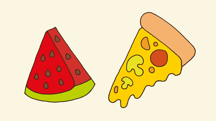 Slice of Watermelon and Slice of Pizza. Hand-drawn color drawing. Vector EPS 10