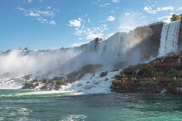Fototapeta na wymiar View at the American Falls from the Niagara river at the sunrise