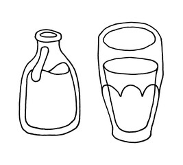 Drink, Juice in a bottle and glass. Healthy food, vitamins. Color drawing hand-drawn in Doodle style. Vector EPS 10