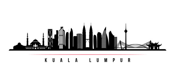 Fototapeta premium Kuala Lumpur skyline horizontal banner. Black and white silhouette of Kuala Lumpur, Malaysia. Vector template for your design.