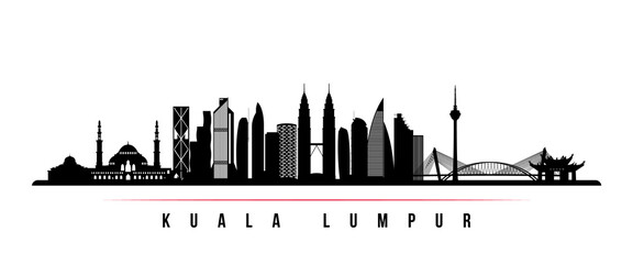 Obraz premium Kuala Lumpur skyline horizontal banner. Black and white silhouette of Kuala Lumpur, Malaysia. Vector template for your design.