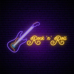 Neon Rock and Roll music sign. Glowing rock guitar icon and text on brick wall background. Music emblem. Vector illustration in neon style.