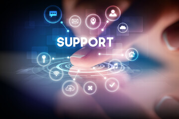 Finger touching tablet with web technology icons concept